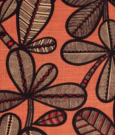 tissu ameublement lin mélangé Fao de Thévenon, motif végétal stylisé esprit ethnique, pour chaise, fauteuil, canapé, rideaux et coussins, vendu par la rime des matieres, bon plan tissu et frais de port offerts.