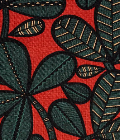 tissu ameublement lin élangé Fao de Thévenon, motif végétal stylisé esprit ethnique, pour chaise, fauteuil, canapé, rideaux et coussins, vendu par la rime des matieres, bon plan tissu et frais de port offerts. 