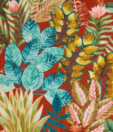 tissu Goa de Thévenon, lavable, motif floral végétal luxuriant, pour chaise, fauteuil, canapé, rideaux et coussins, vendu par la rime des matieres, bon plan tissu et frais de port offerts. 