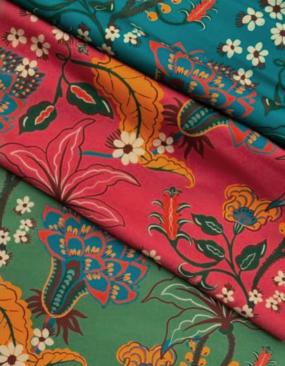 tissu Hana de Thévenon, motif floral végétal stylisé, lavable, pour chaise, fauteuil, canapé, rideaux et coussins, vendu par la rime des matieres, bon plan tissu et frais de port offerts. 