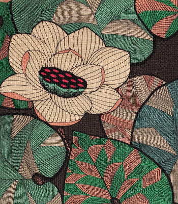 tissu Idris Lin de Thévenon, motif stylisé nénuphars, pour chaise, fauteuil, canapé, rideaux et coussins, vendu par la rime des matieres, bon plan tissu et frais de port offerts. 