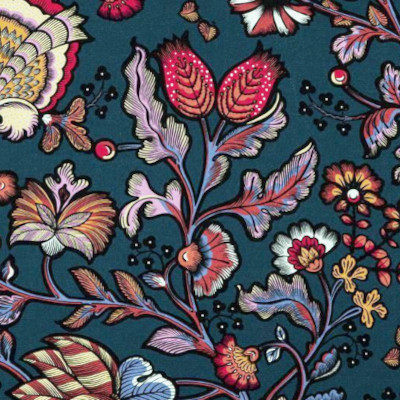 Indienne  tissud'ameublement lavable, motif floral artistique, de Thévenon, pour chaise, fauteuil, canapé, rideaux et coussins, vendu par la rime des matieres, bon plan tissu et frais de port offerts. 