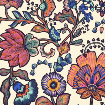 Indienne tissu d'ameublement lavable, motif floral artistique, de Thévenon, pour chaise, fauteuil, canapé, rideaux et coussins, vendu par la rime des matieres, bon plan tissu et frais de port offerts.