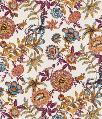 tissu ameublement lavable Jacobine, motif floral végétal stylisé, de Thévenon, pour chaise, fauteuil, canapé, rideaux et coussins, vendu par la rime des matieres, bon plan tissu et frais de port offerts. 