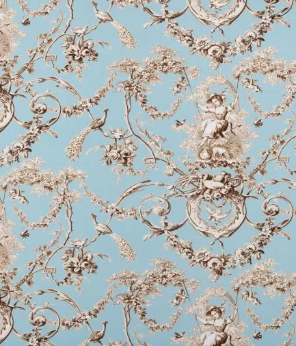 tissu Ludivine Percale de Thévenon, style toile de Jouy motif demoiselle à la balançoire, lavable, pour chaise, fauteuil, canapé, rideaux et coussins, vendu par la rime des matieres, bon plan tissu et frais de port offerts. 
