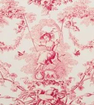 tissu Ludivine Percale de Thévenon, style toile de Jouy motif demoiselle à la balançoire, lavable, pour chaise, fauteuil, canapé, rideaux et coussins, vendu par la rime des matieres, bon plan tissu et frais de port offerts.