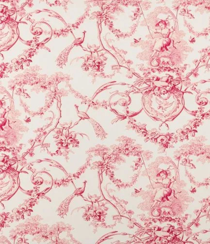 tissu Ludivine Percale de Thévenon, style toile de Jouy motif demoiselle à la balançoire, lavable, pour chaise, fauteuil, canapé, rideaux et coussins, vendu par la rime des matieres, bon plan tissu et frais de port offerts. 