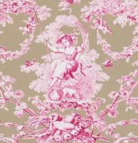 tissu Ludivine Percale de Thévenon, style toile de Jouy motif demoiselle à la balançoire, lavable, pour chaise, fauteuil, canapé, rideaux et coussins, vendu par la rime des matieres, bon plan tissu et frais de port offerts.