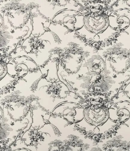 tissu Ludivine Percale de Thévenon, style toile de Jouy motif demoiselle à la balançoire, lavable, pour chaise, fauteuil, canapé, rideaux et coussins, vendu par la rime des matieres, bon plan tissu et frais de port offerts. 