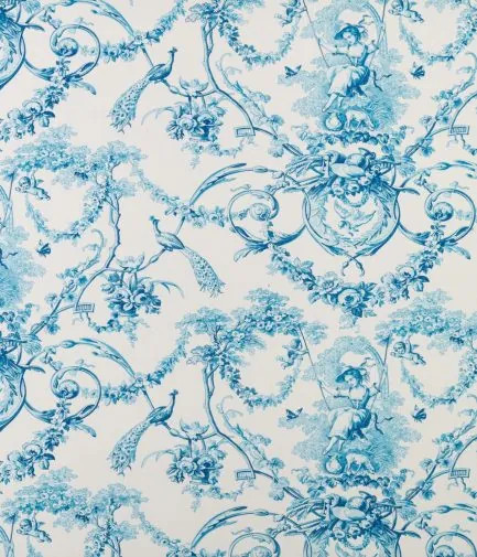 tissu Ludivine Percale de Thévenon, style toile de Jouy motif demoiselle à la balançoire, lavable, pour chaise, fauteuil, canapé, rideaux et coussins, vendu par la rime des matieres, bon plan tissu et frais de port offerts. 