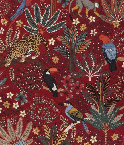 tissu Nouveau Monde de Thévenon, motif jungle tropicale et animaux sauvages stylisé, lavable, pour chaise, fauteuil, canapé, rideaux et coussins, vendu par la rime des matieres, bon plan tissu et frais de port offerts. 