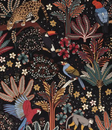 tissu Nouveau Monde de Thévenon, motif jungle tropicale et animaux sauvages stylisé, lavable, pour chaise, fauteuil, canapé, rideaux et coussins, vendu par la rime des matieres, bon plan tissu et frais de port offerts. 