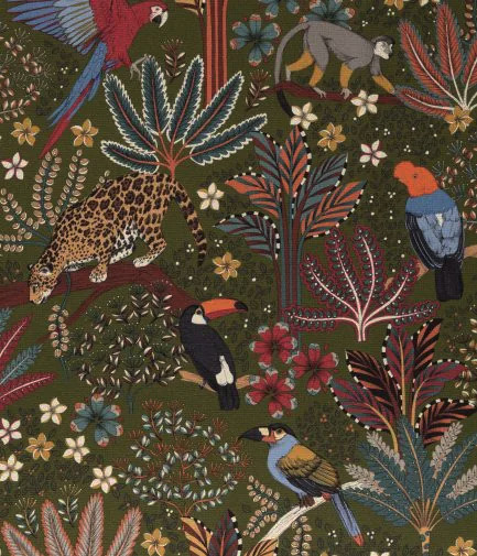 tissu Nouveau Monde de Thévenon, motif jungle tropicale et animaux sauvages stylisé, lavable, pour chaise, fauteuil, canapé, rideaux et coussins, vendu par la rime des matieres, bon plan tissu et frais de port offerts. 