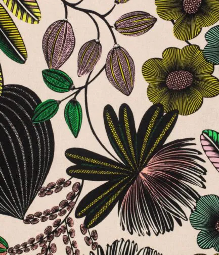 Orphée tissu ameublement motif végétal stylisé, de Thévenon,  pour chaise, fauteuil, canapé, tête de lit, rideaux et coussins, vendu par la rime des matieres, bon plan tissu et frais de port offerts. 