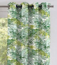 rideau et tissu Palm Springs de Thévenon, motif feuilles de palmier, grande largeur 280 cm, lavable, pour chaise, fauteuil, canapé, rideaux et coussins, vendu par la rime des matieres, bon plan tissu et frais de port offerts.
