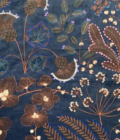 tissu ameublement velours lavable Phoenix Velours, motif végétal herbier contemporain, de Thévenon, pour chaise, fauteuil, canapé, rideaux et coussins, vendu par la rime des matieres, bon plan tissu et frais de port offerts. 