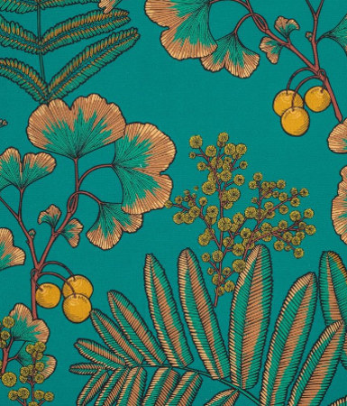 tissu Victoria de Thévenon, motif végétal mimosa et ginkgo biloba, lavable, pour chaise, fauteuil, canapé, rideaux et coussins, vendu par la rime des matieres, bon plan tissu et frais de port offerts.