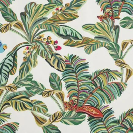 Yasmine tissu ameublement lavable motif végétal esprit jungle,  de Thévenon, pour chaise, fauteuil, canapé, rideaux et coussins, vendu par la rime des matieres, bon plan tissu et frais de port offerts. 