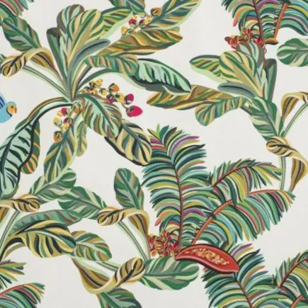 Yasmine tissu ameublement lavable motif végétal esprit jungle, de Thévenon, pour chaise, fauteuil, canapé, rideaux et coussins, vendu par la rime des matieres, bon plan tissu et frais de port offerts.